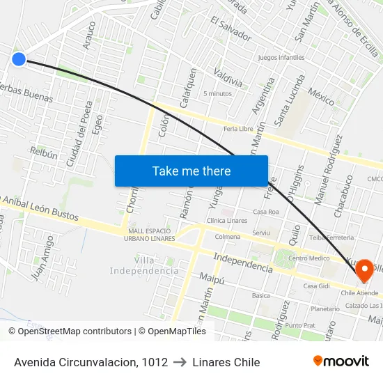 Avenida Circunvalacion, 1012 to Linares Chile map