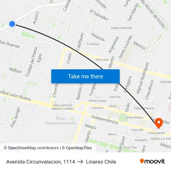 Avenida Circunvalacion, 1114 to Linares Chile map
