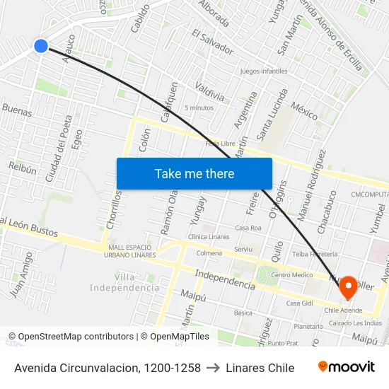 Avenida Circunvalacion, 1200-1258 to Linares Chile map