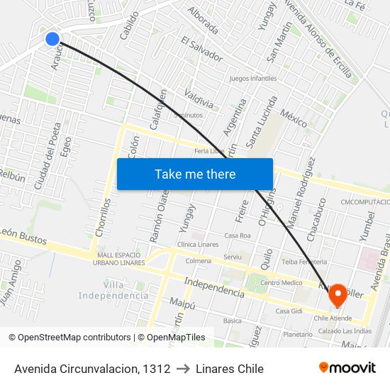 Avenida Circunvalacion, 1312 to Linares Chile map