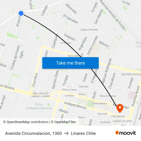Avenida Circunvalacion, 1360 to Linares Chile map