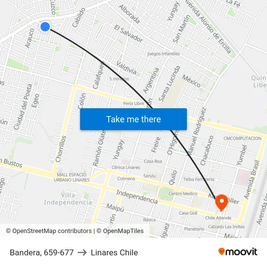 Bandera, 659-677 to Linares Chile map