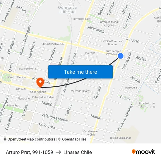 Arturo Prat, 991-1059 to Linares Chile map