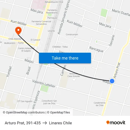 Arturo Prat, 391-435 to Linares Chile map