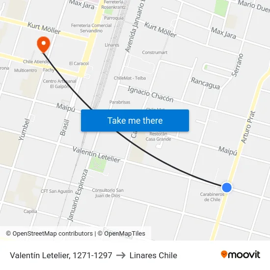 Valentín Letelier, 1271-1297 to Linares Chile map