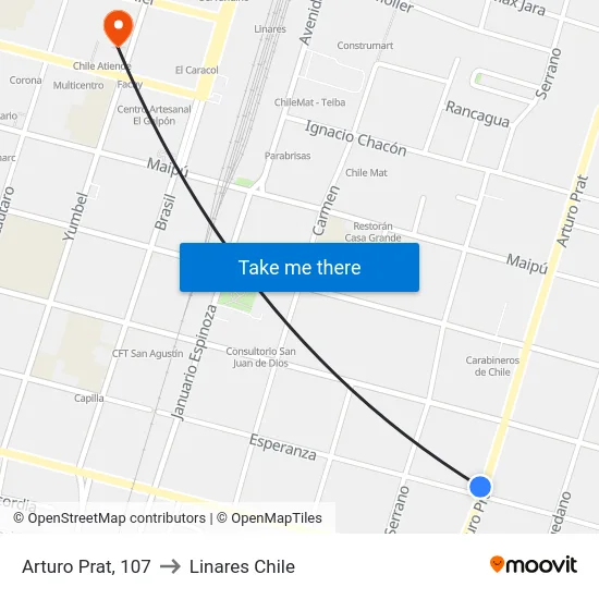 Arturo Prat, 107 to Linares Chile map