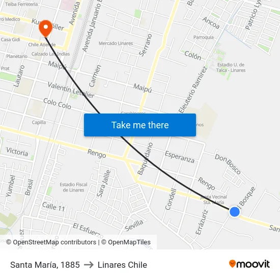 Santa María, 1885 to Linares Chile map
