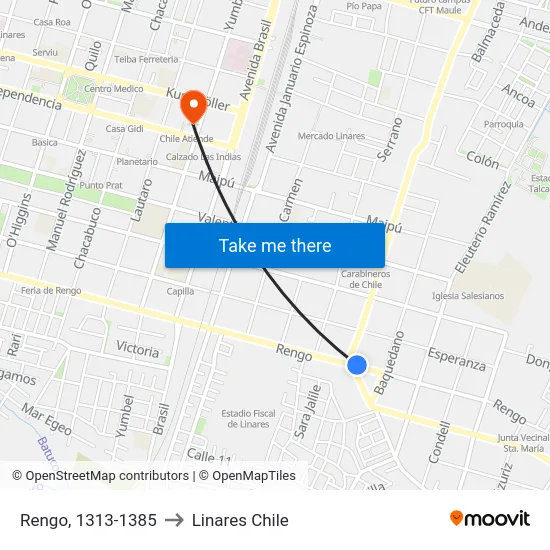 Rengo, 1313-1385 to Linares Chile map