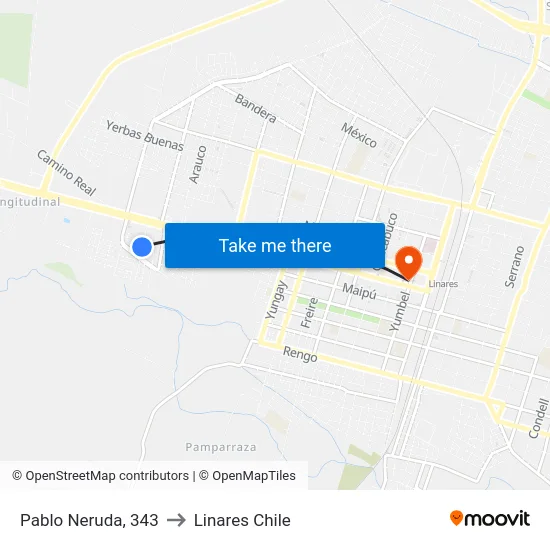 Pablo Neruda, 343 to Linares Chile map