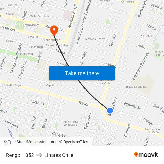 Rengo, 1352 to Linares Chile map