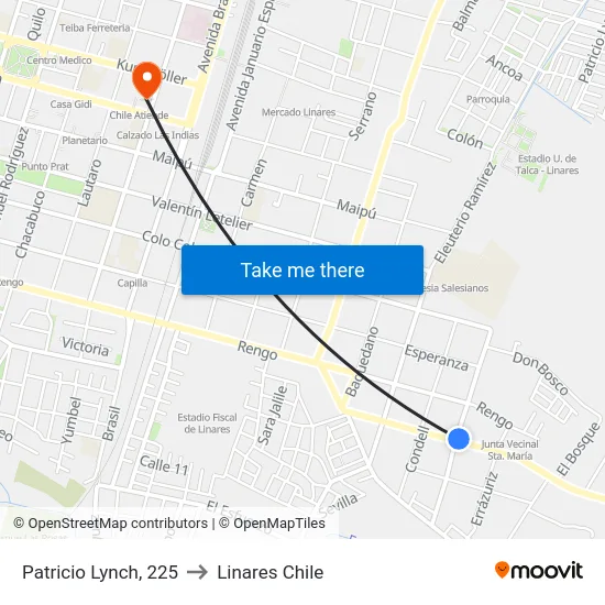 Patricio Lynch, 225 to Linares Chile map