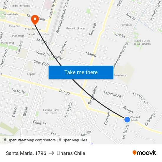 Santa María, 1796 to Linares Chile map