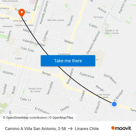 Camino A Villa San Antonio, 2-58 to Linares Chile map