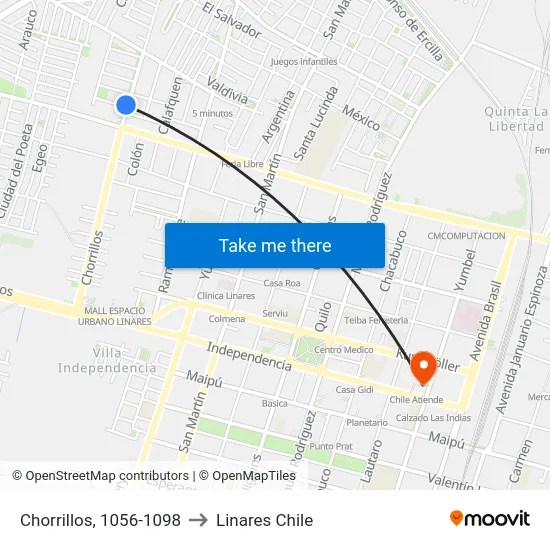 Chorrillos, 1056-1098 to Linares Chile map