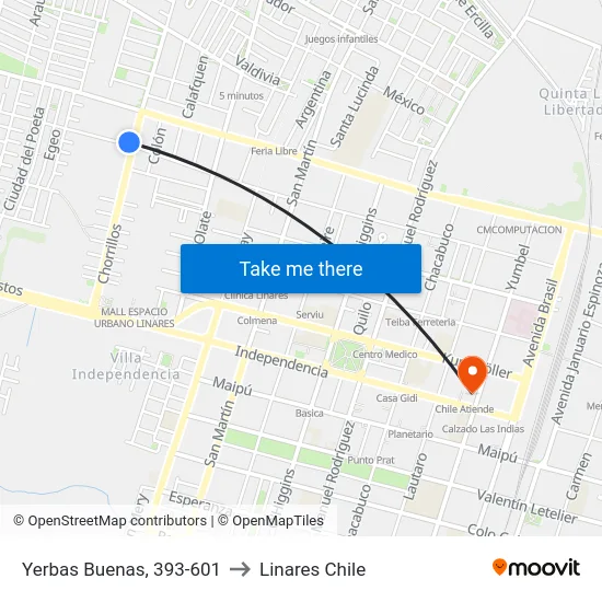 Yerbas Buenas, 393-601 to Linares Chile map