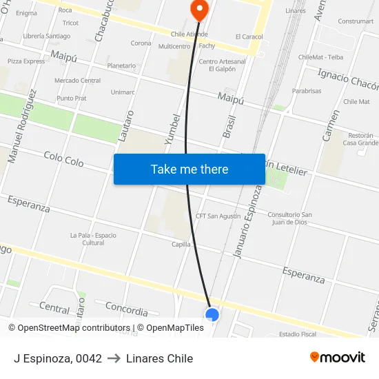 J Espinoza, 0042 to Linares Chile map