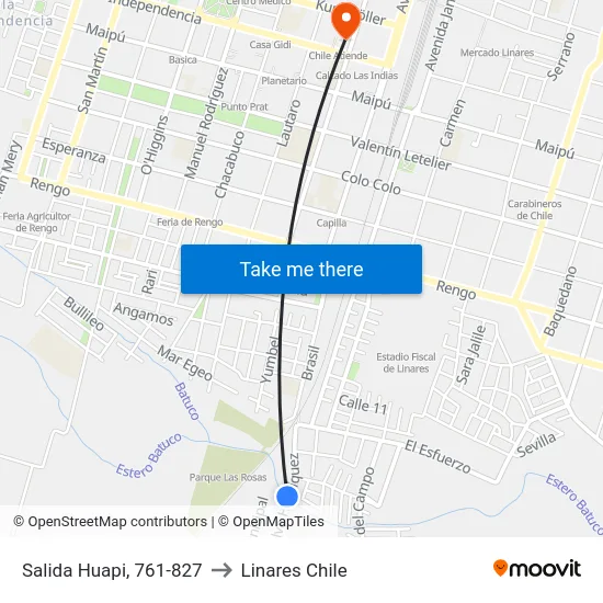 Salida Huapi, 761-827 to Linares Chile map