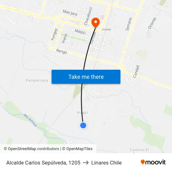 Alcalde Carlos Sepúlveda, 1205 to Linares Chile map