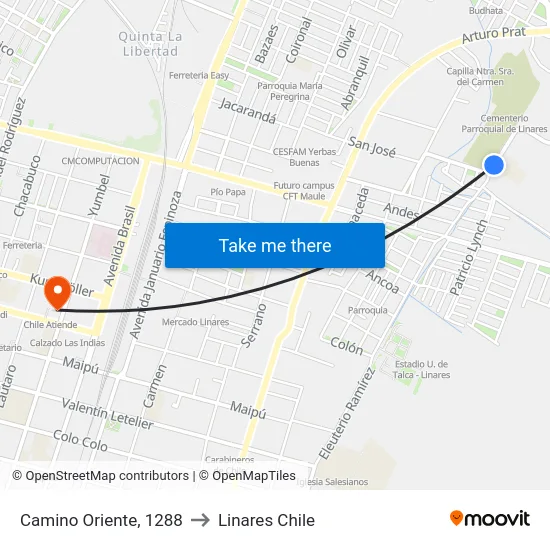 Camino Oriente, 1288 to Linares Chile map
