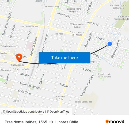 Presidente Ibáñez, 1565 to Linares Chile map
