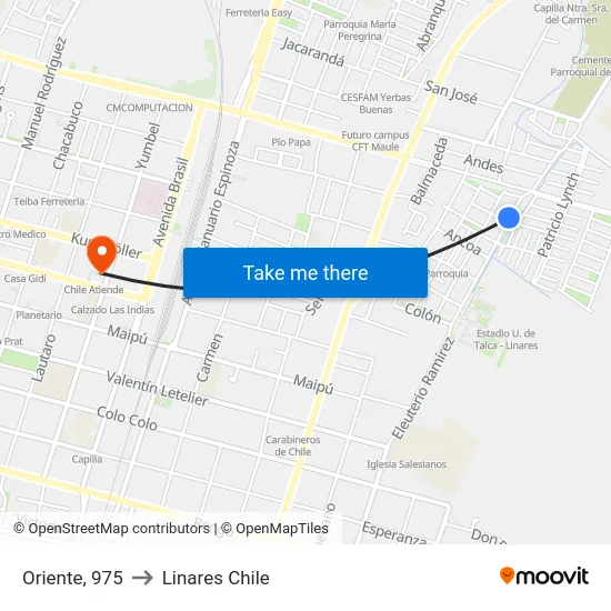Oriente, 975 to Linares Chile map