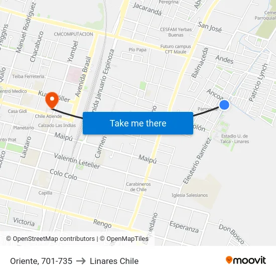 Oriente, 701-735 to Linares Chile map