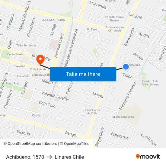 Achibueno, 1570 to Linares Chile map