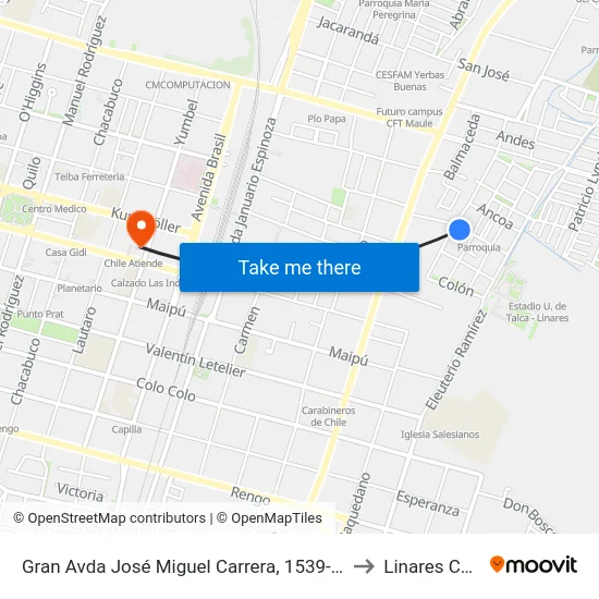 Gran Avda José Miguel Carrera, 1539-1571 to Linares Chile map