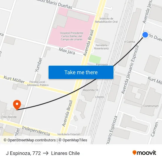 J Espinoza, 772 to Linares Chile map