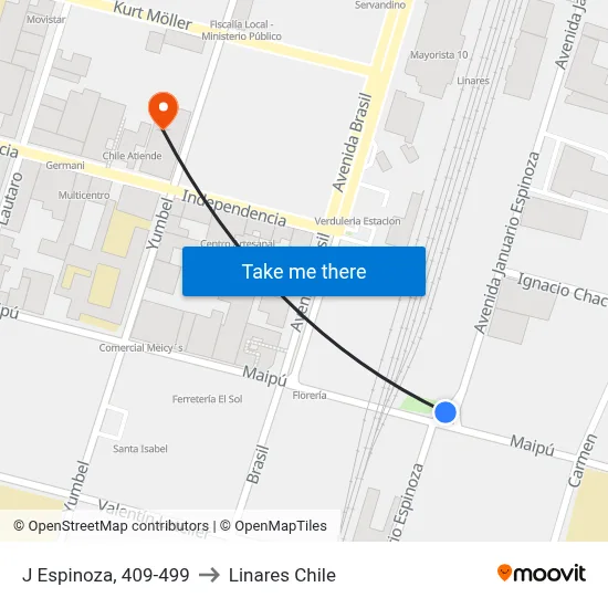 J Espinoza, 409-499 to Linares Chile map