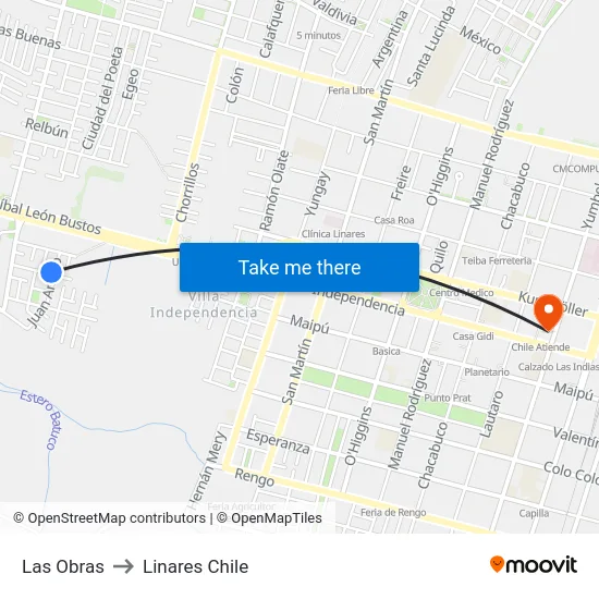 Las Obras to Linares Chile map