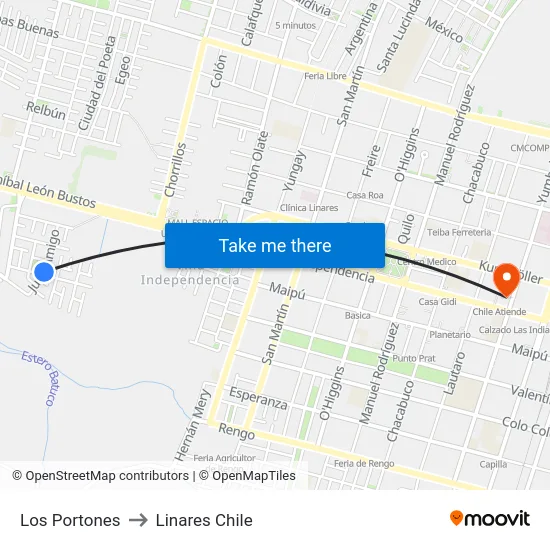 Los Portones to Linares Chile map