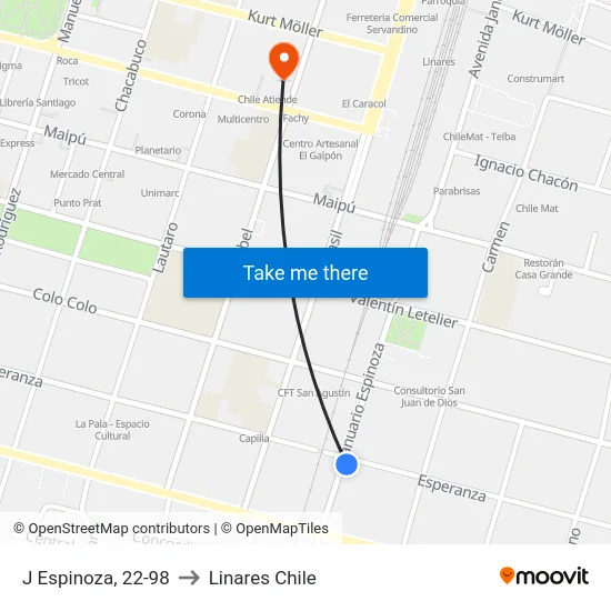 J Espinoza, 22-98 to Linares Chile map