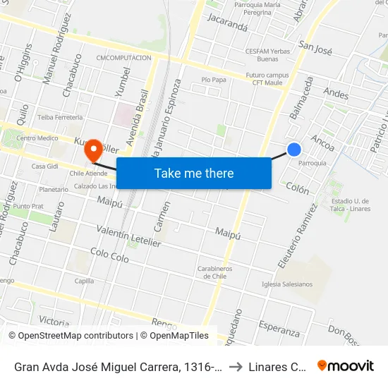 Gran Avda José Miguel Carrera, 1316-1496 to Linares Chile map