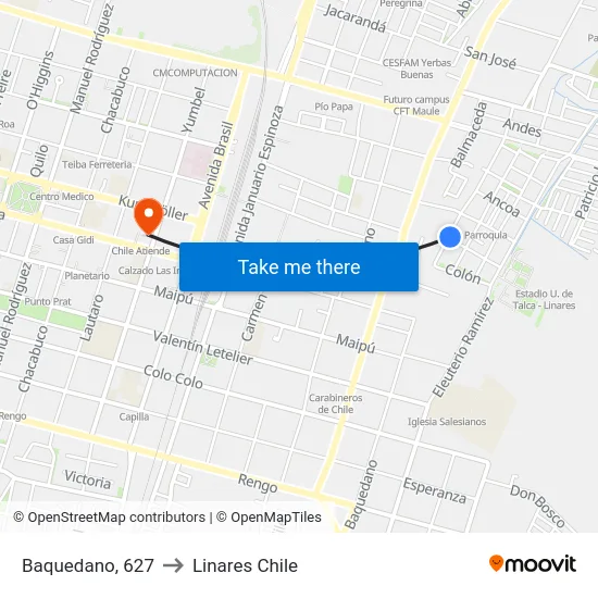 Baquedano, 627 to Linares Chile map