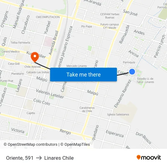 Oriente, 591 to Linares Chile map