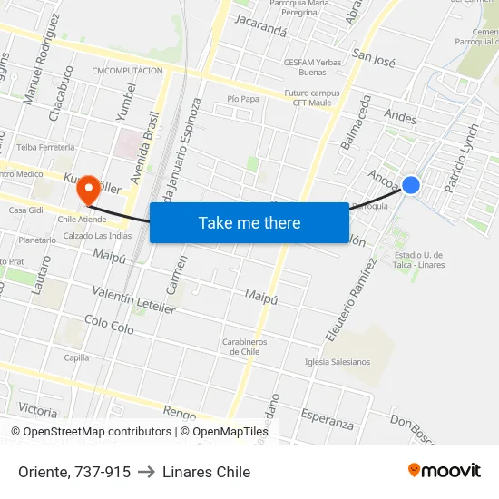Oriente, 737-915 to Linares Chile map