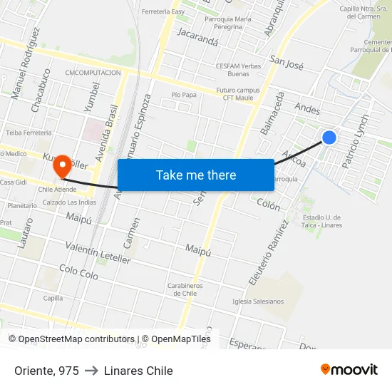 Oriente, 975 to Linares Chile map