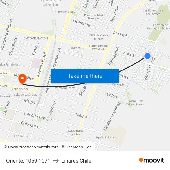 Oriente, 1059-1071 to Linares Chile map