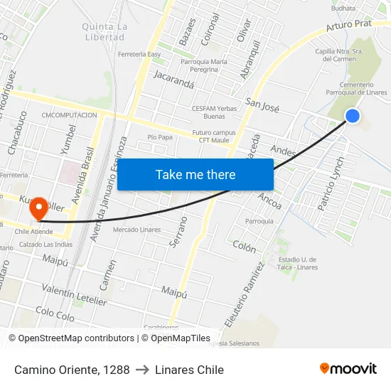 Camino Oriente, 1288 to Linares Chile map