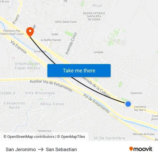 San Jeronimo to San Sebastian map