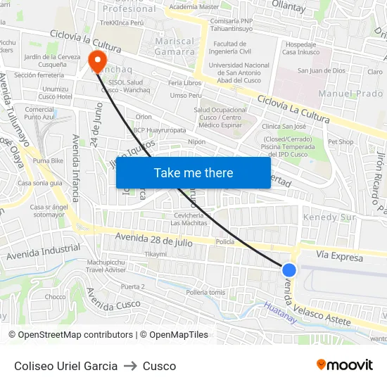 Coliseo Uriel Garcia to Cusco map