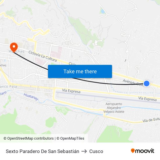 Sexto Paradero De San Sebastián to Cusco map