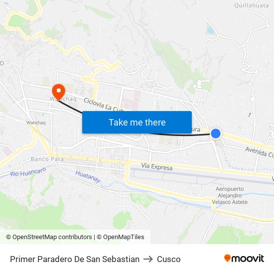 Primer Paradero De San Sebastian to Cusco map