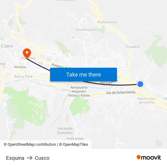 Esquina to Cusco map