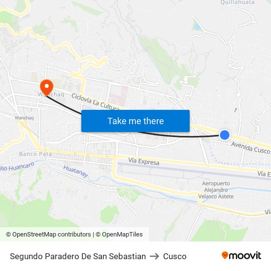 Segundo Paradero De San Sebastian to Cusco map