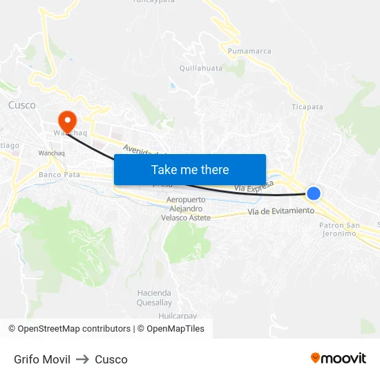 Grifo Movil to Cusco map