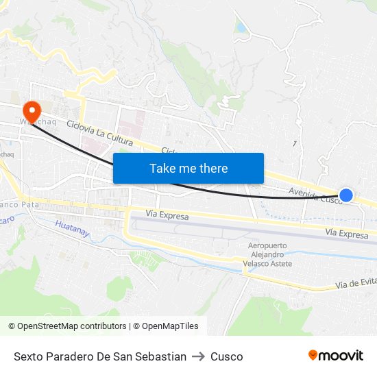 Sexto Paradero De San Sebastian to Cusco map