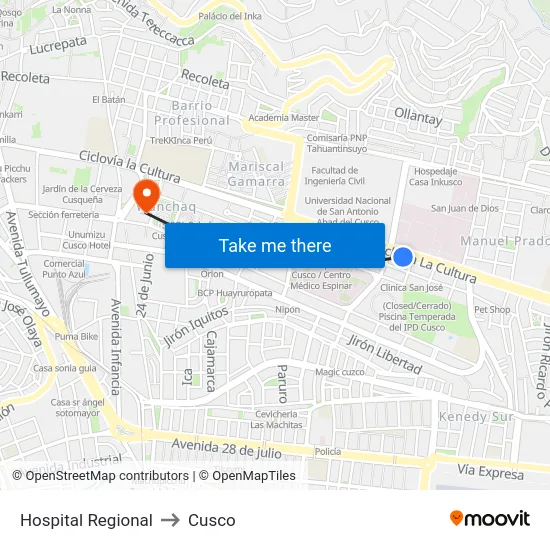 Hospital Regional to Cusco map