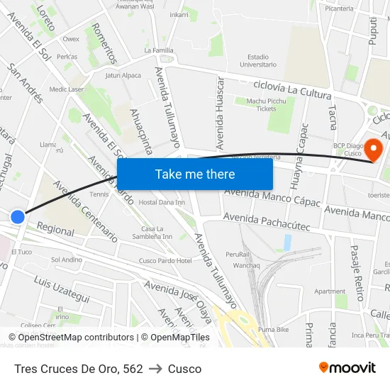 Tres Cruces De Oro, 562 to Cusco map